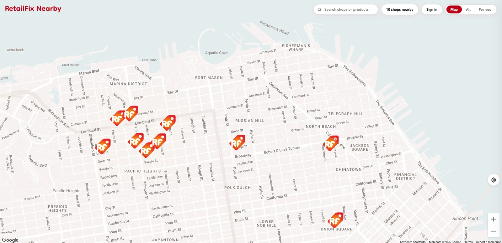 RetailFix Nearby map with nearby shops marked across a few neighborhoods